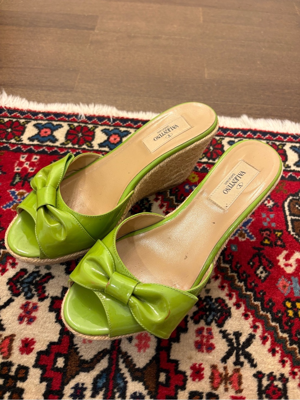 Valentino Patent Lime Green Bow Espadrille Wedge Sandals